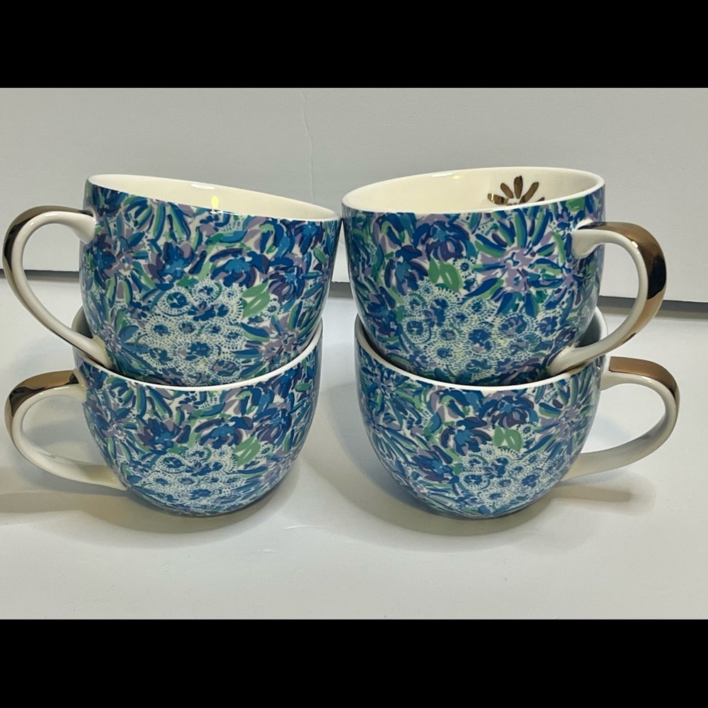 Lilly Pulitzer Blue Ceramic Mugs set of 4 Floral Print Gold Handle Coffee cup